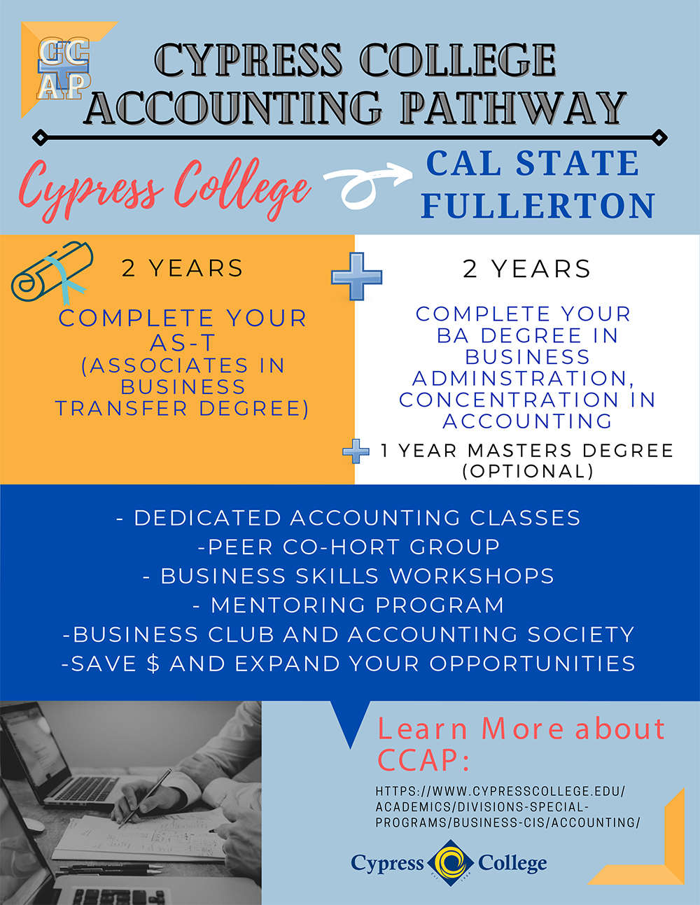 A flyer describing the Cypress College Accounting Pathway Program, featuring information that is shared on this page. 