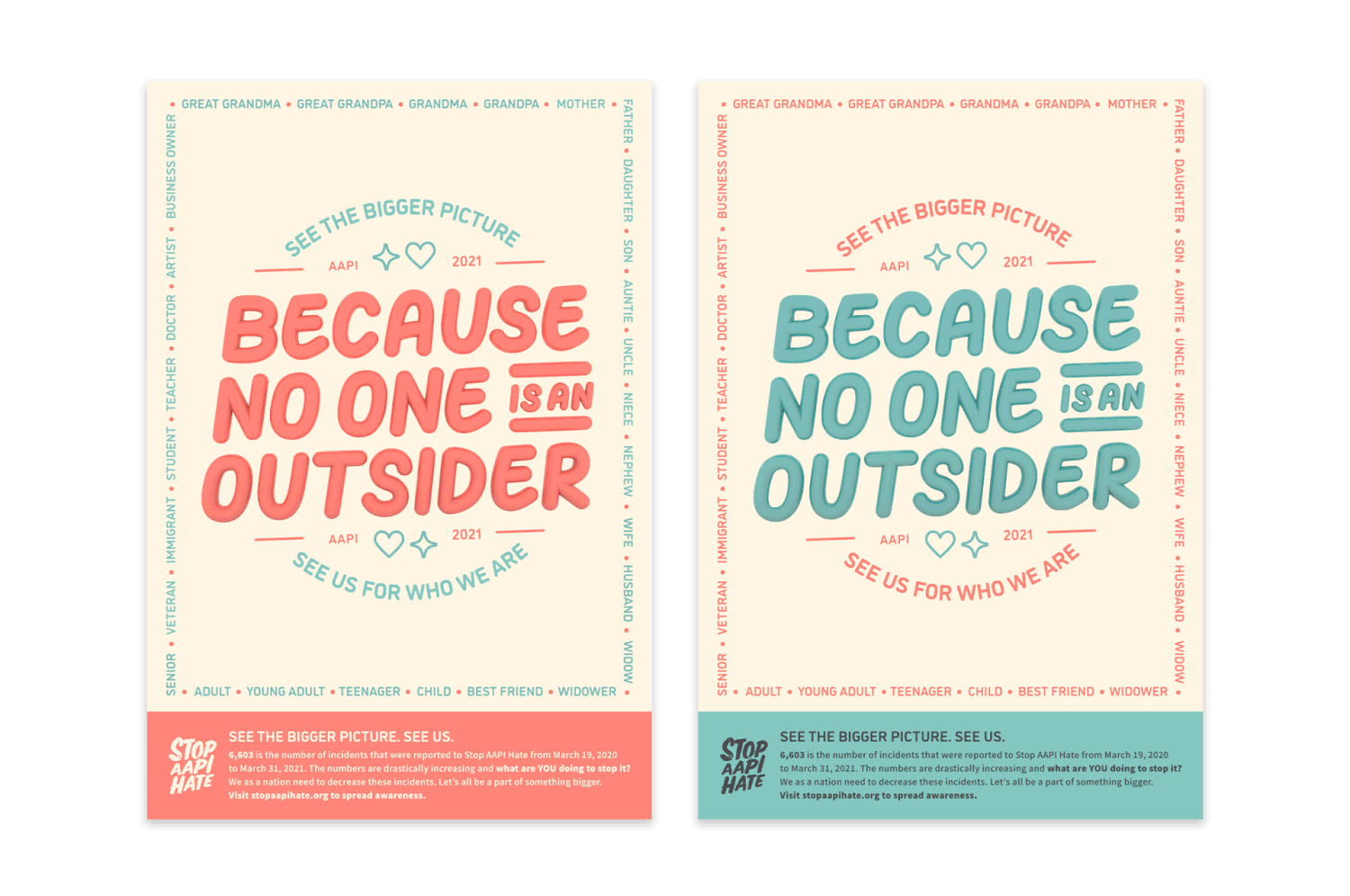 A graphic design sign says "Because No One Is An Outsider" in salmon and pale green font.