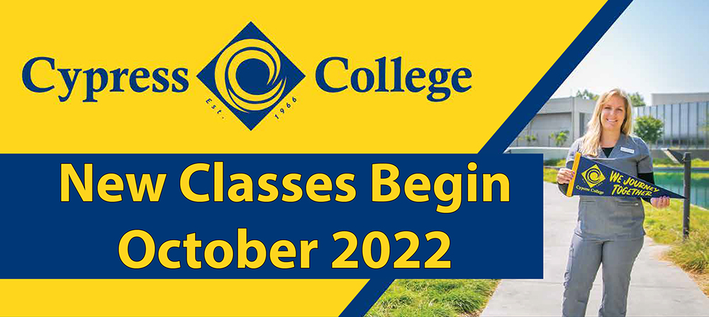 Image of Cypress College schedule cover with banner that says "New Classes Begin October 2022."
